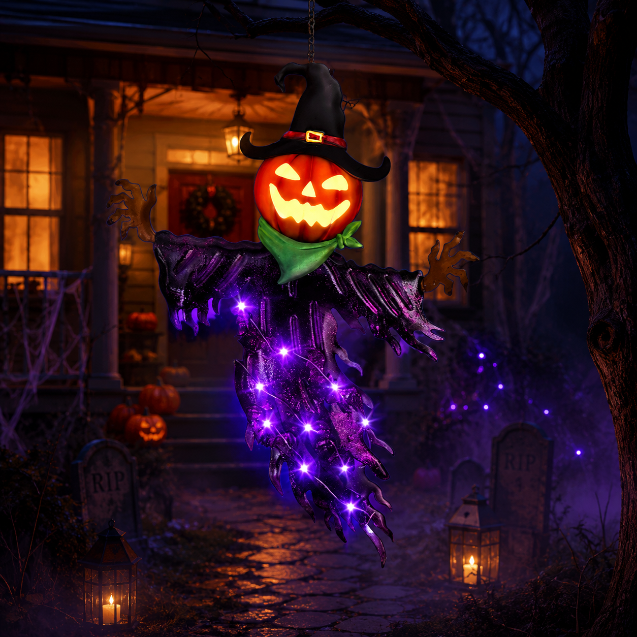 Solar Pumpkin Scarecrow Hanging Light – Purple Glow Halloween Decor