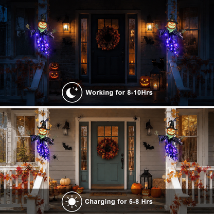 Solar Pumpkin Scarecrow Hanging Light – Purple Glow Halloween Decor