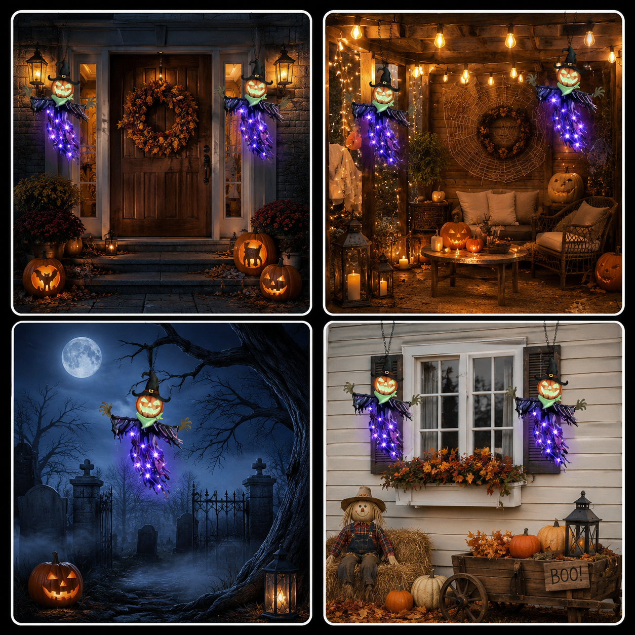 Solar Pumpkin Scarecrow Hanging Light – Purple Glow Halloween Decor