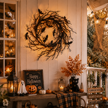 18" Haunted Bat™ Light-Up Halloween Wreath